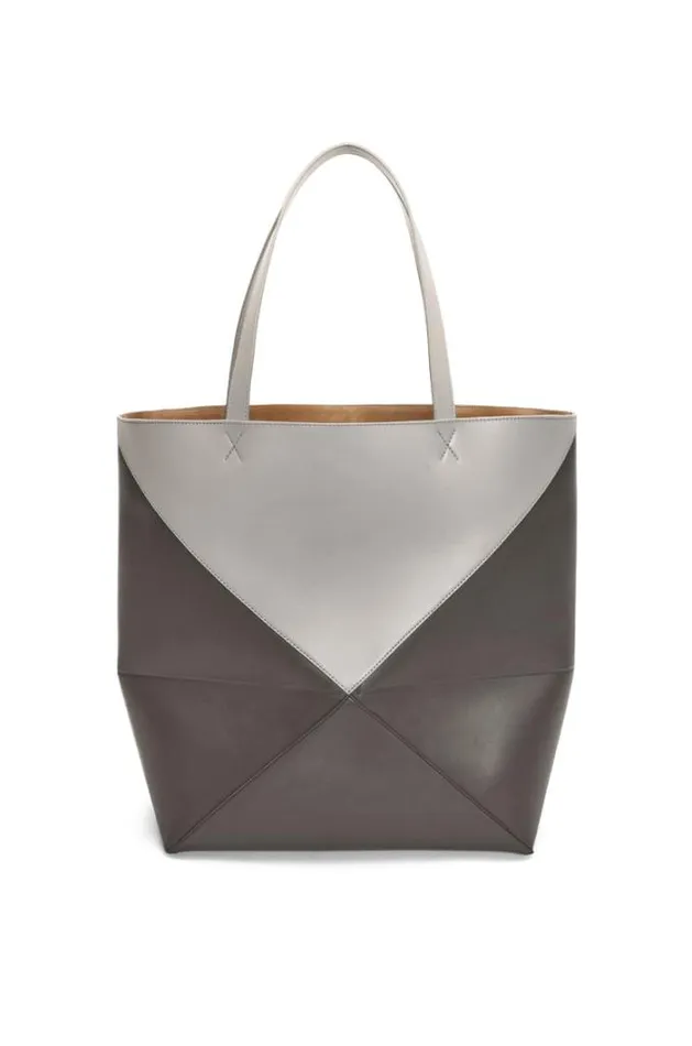 Loewe Large Puzzle Fold Tote In Shiny Calfskin Pearl Greydark Grey Men Tote Bags