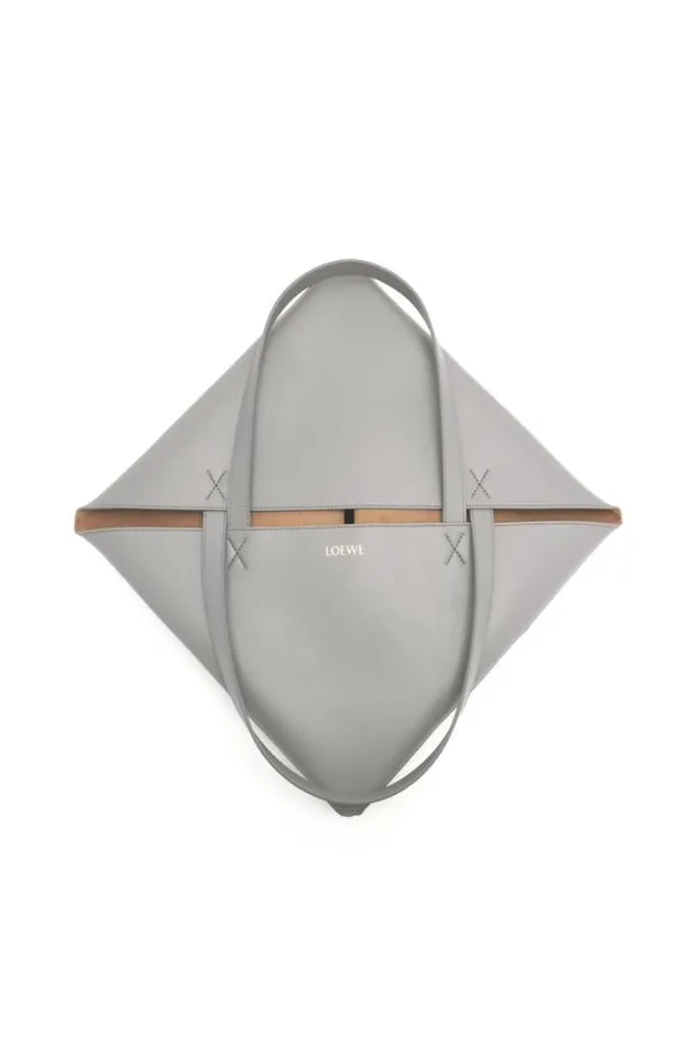 Loewe Large Puzzle Fold Tote In Shiny Calfskin Pearl Greydark Grey Men Tote Bags
