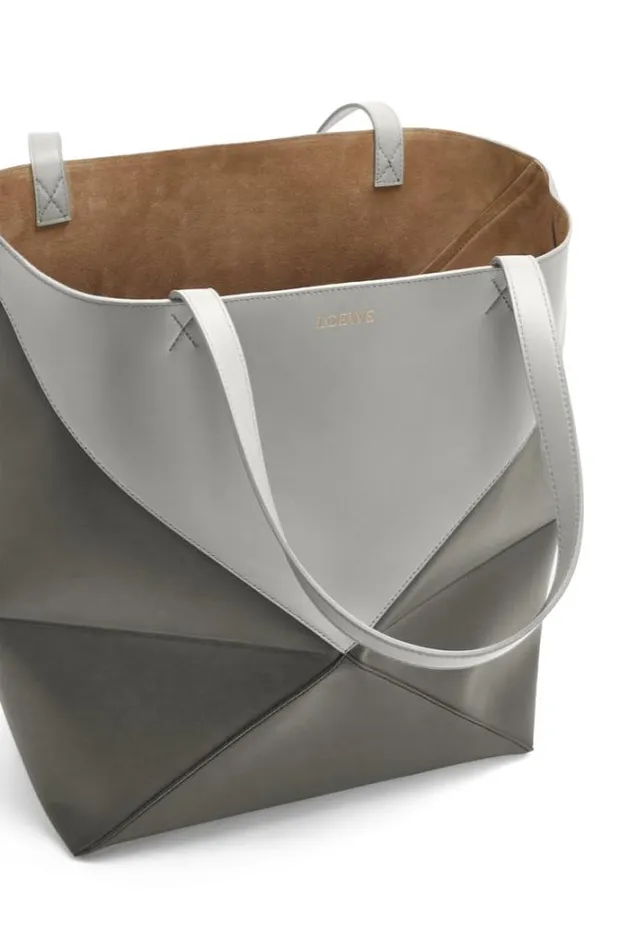 Loewe Large Puzzle Fold Tote In Shiny Calfskin Pearl Greydark Grey Men Tote Bags