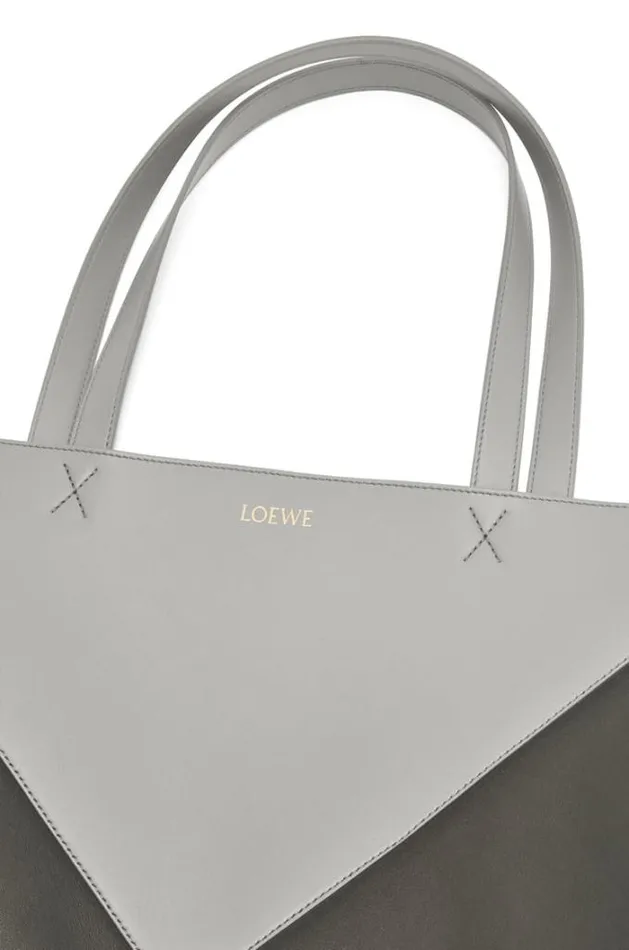 Loewe Large Puzzle Fold Tote In Shiny Calfskin Pearl Greydark Grey Men Tote Bags