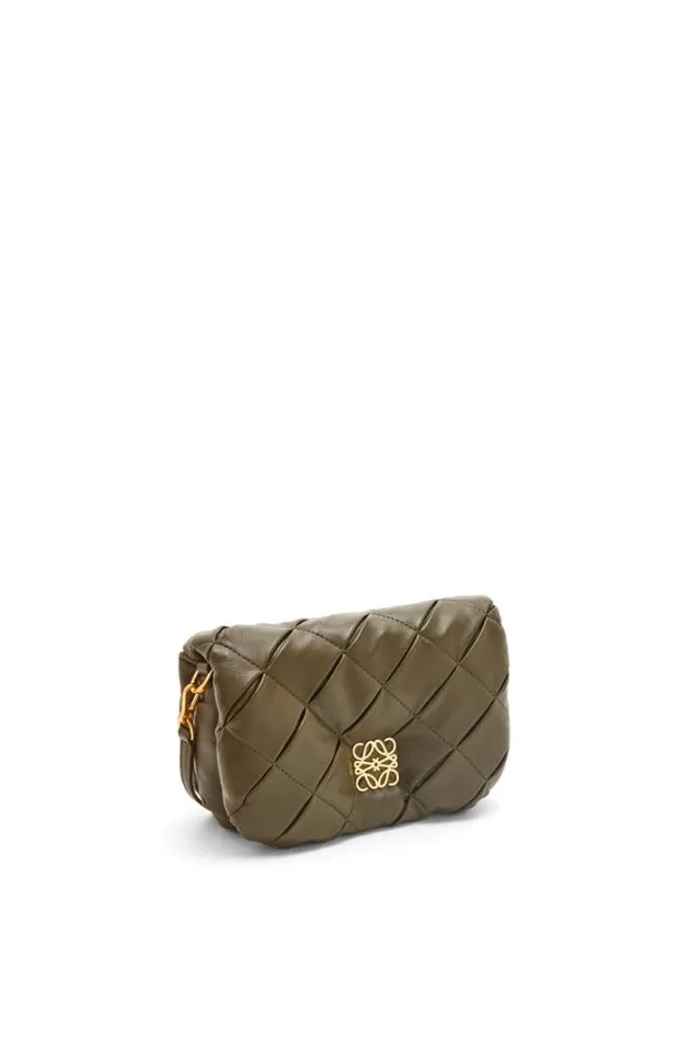 Loewe Mini Puffer Goya In Pleated Shiny Nappa Lambskin Dark Khaki Green Women Shoulder Bags