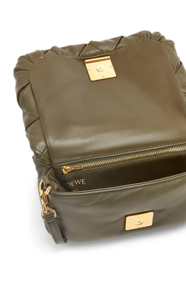 Loewe Mini Puffer Goya In Pleated Shiny Nappa Lambskin Dark Khaki Green Women Shoulder Bags