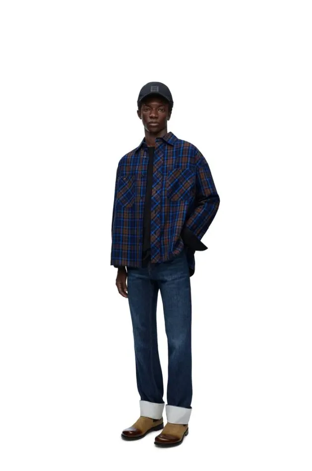 Loewe Overshirt In Cotton Navy Bluebrown Men Shirts