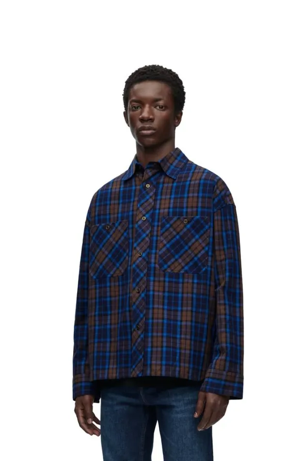 Loewe Overshirt In Cotton Navy Bluebrown Men Shirts