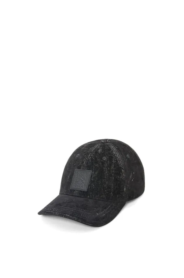 Loewe Patch Cap In Flocked Denim Black Men Hats and Beanies