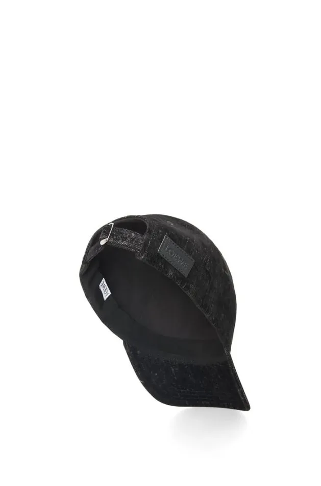 Loewe Patch Cap In Flocked Denim Black Men Hats and Beanies