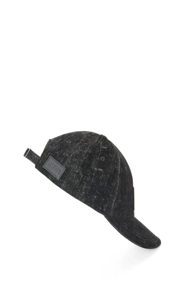 Loewe Patch Cap In Flocked Denim Black Men Hats and Beanies