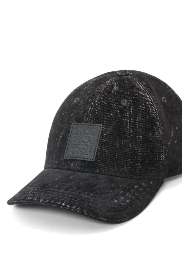 Loewe Patch Cap In Flocked Denim Black Men Hats and Beanies