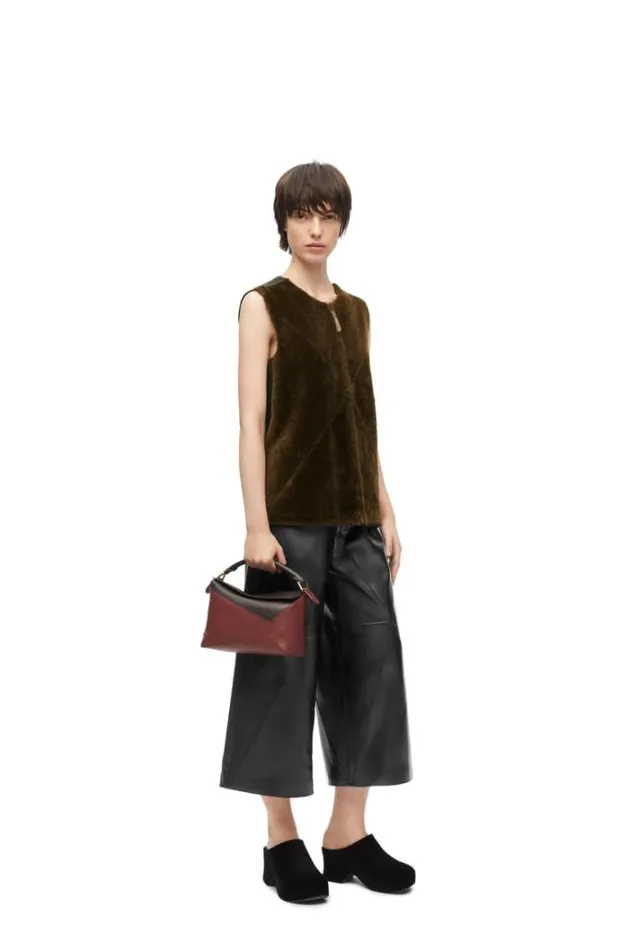 Loewe Puzzle Fold Cropped Trousers In Nappa Lambskin Black Women Leather