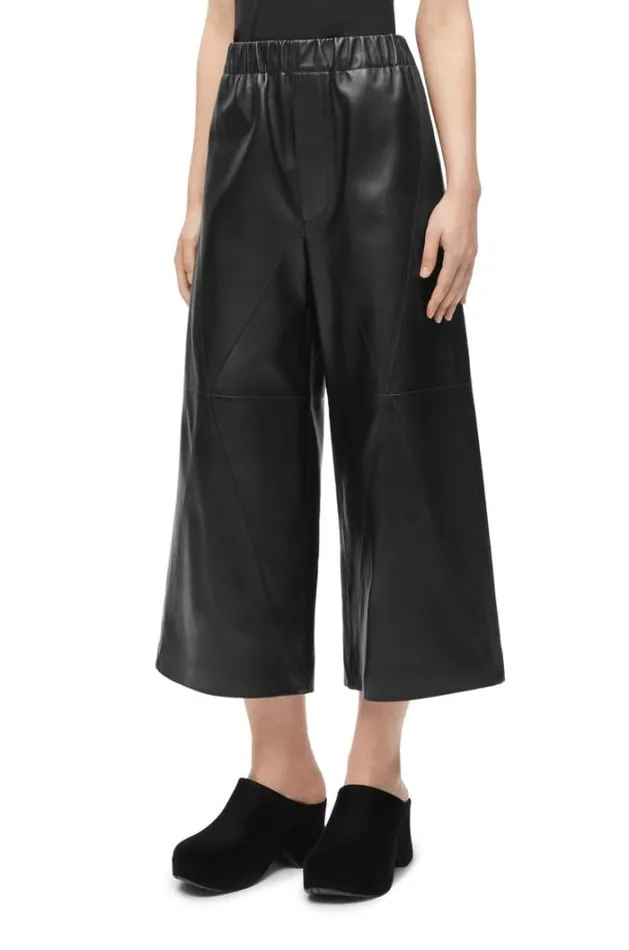 Loewe Puzzle Fold Cropped Trousers In Nappa Lambskin Black Women Leather