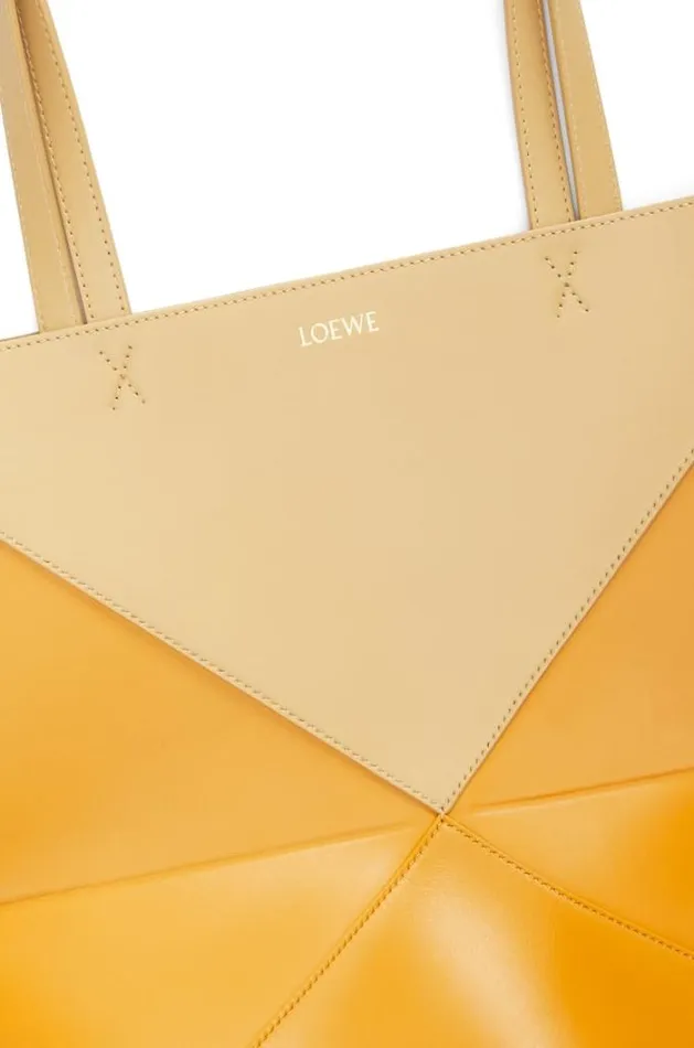 Loewe Puzzle Fold Tote In Shiny Calfskin Dark Buttersunflower Women Tote and Top Handle Bags