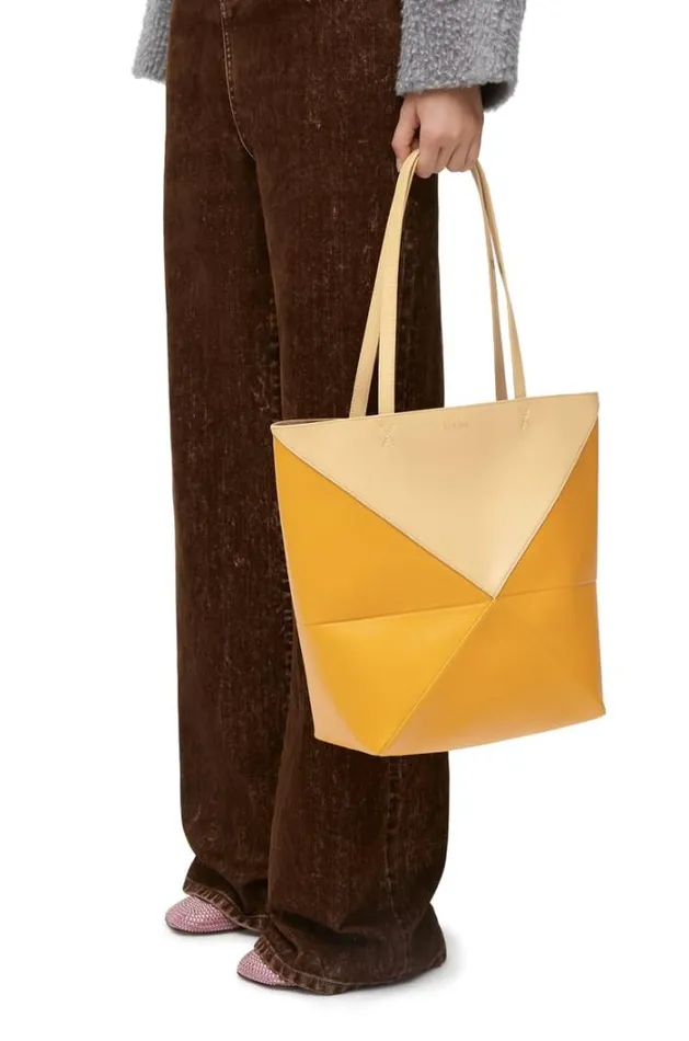 Loewe Puzzle Fold Tote In Shiny Calfskin Dark Buttersunflower Women Tote and Top Handle Bags