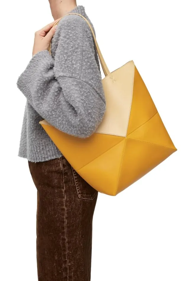 Loewe Puzzle Fold Tote In Shiny Calfskin Dark Buttersunflower Women Tote and Top Handle Bags