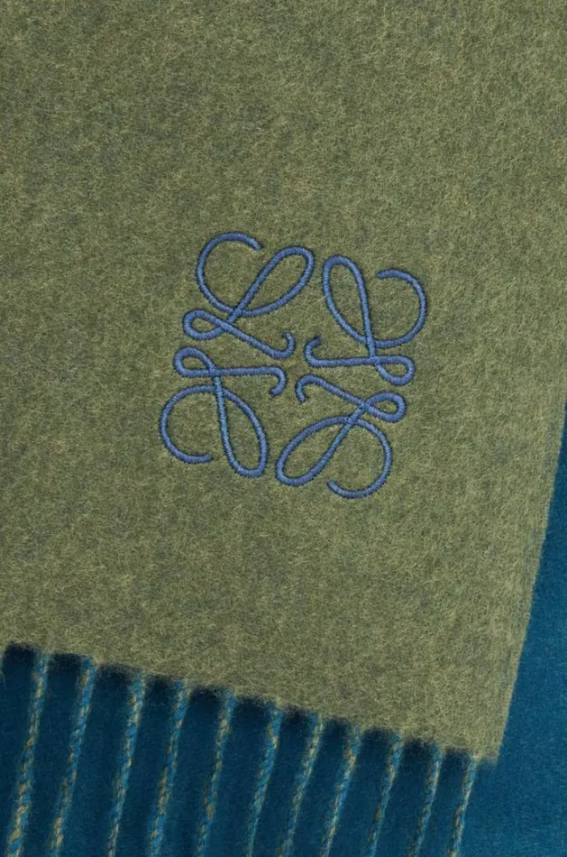 Loewe Scarf In Wool And Cashmere Khaki Greenblue Men Scarves