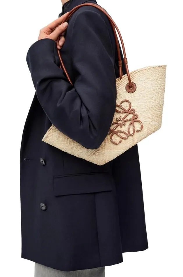 Loewe Small Anagram Basket Bag In Iraca Palm And Calfskin Naturaltan Women Baskets