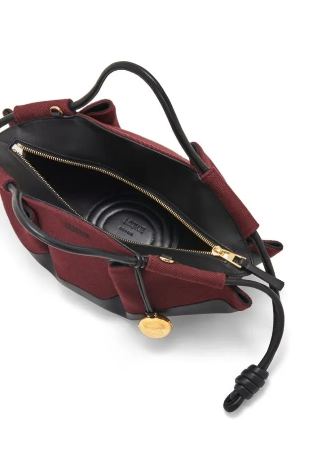 Loewe Small Paseo Bag In Shiny Nappa Calfskin And Canvas Burgundyblack Women Tote and Top Handle Bags