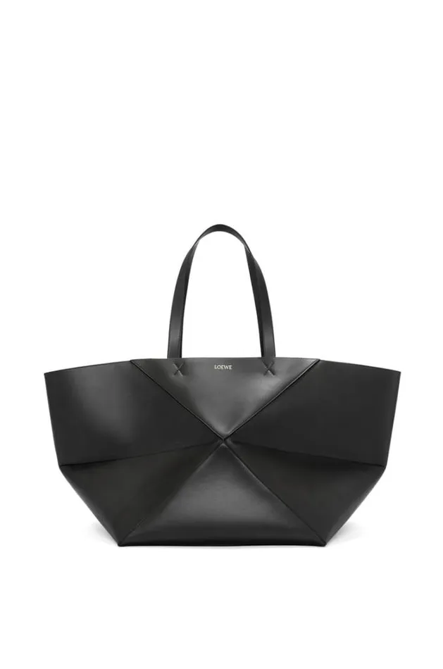 Loewe XL Puzzle Fold Tote In Shiny Calfskin Black Women Tote and Top Handle Bags