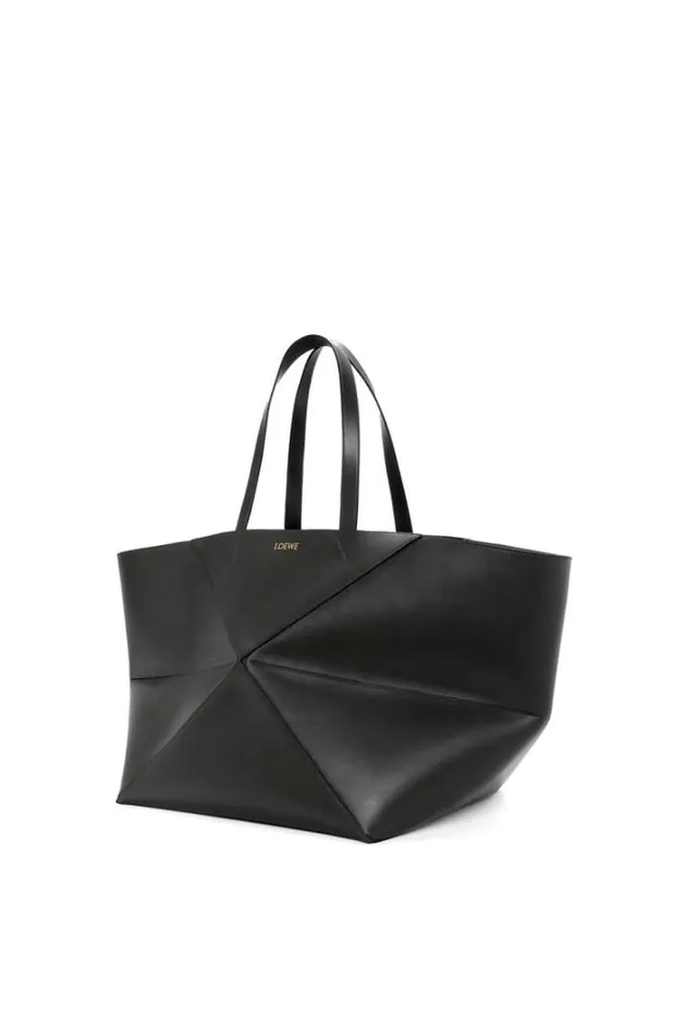Loewe XL Puzzle Fold Tote In Shiny Calfskin Black Women Tote and Top Handle Bags