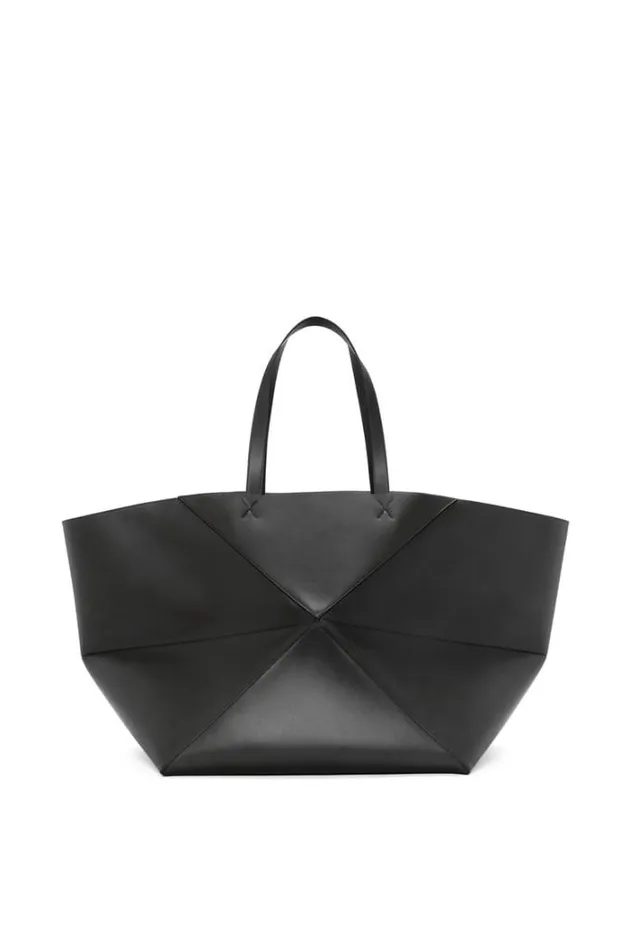 Loewe XL Puzzle Fold Tote In Shiny Calfskin Black Women Tote and Top Handle Bags