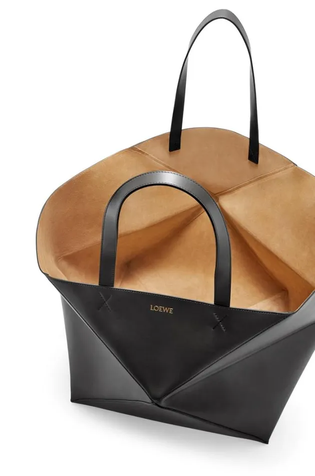 Loewe XL Puzzle Fold Tote In Shiny Calfskin Black Women Tote and Top Handle Bags