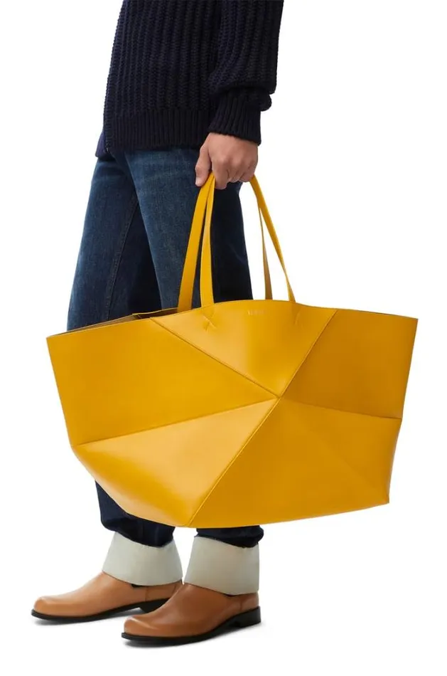 Loewe XL Puzzle Fold Tote In Shiny Calfskin Sunflower Men Tote Bags