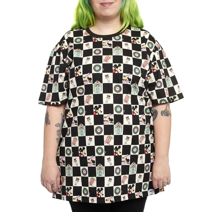 Loungefly Apparel Unisex Mickey and Minnie Date Night Diner Checkered AllOver Print Tee