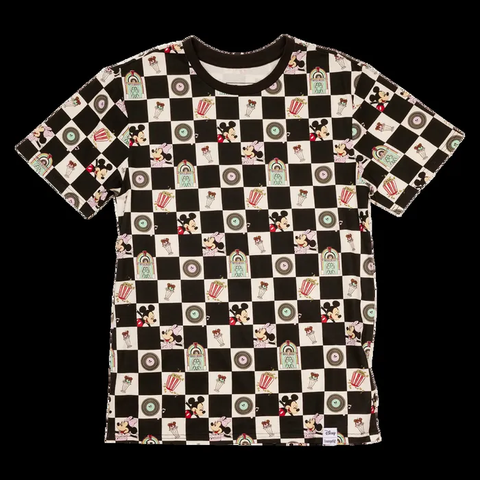 Loungefly Apparel Unisex Mickey and Minnie Date Night Diner Checkered AllOver Print Tee Loungefly Apparel Unisex Mickey and Minnie Date Night Diner Checkered AllOver Print Tee