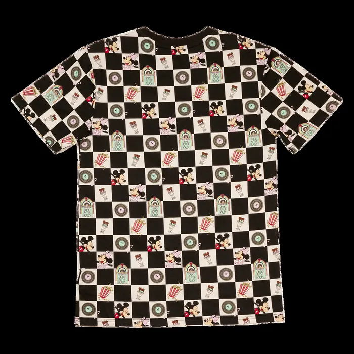 Loungefly Apparel Unisex Mickey and Minnie Date Night Diner Checkered AllOver Print Tee Loungefly Apparel Unisex Mickey and Minnie Date Night Diner Checkered AllOver Print Tee