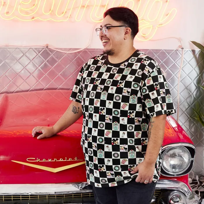 Loungefly Apparel Unisex Mickey and Minnie Date Night Diner Checkered AllOver Print Tee Loungefly Apparel Unisex Mickey and Minnie Date Night Diner Checkered AllOver Print Tee