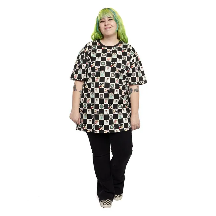 Loungefly Apparel Unisex Mickey and Minnie Date Night Diner Checkered AllOver Print Tee Loungefly Apparel Unisex Mickey and Minnie Date Night Diner Checkered AllOver Print Tee