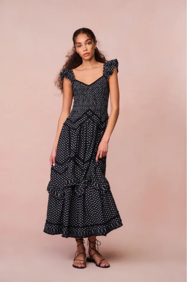 LoveShackFancy Brin Cotton Bow Dress Midnight Snowfall Women Dresses
