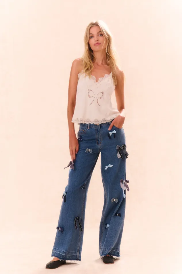 LoveShackFancy Dessa Bow Jeans Obsidian Blue Women Pants and Shorts