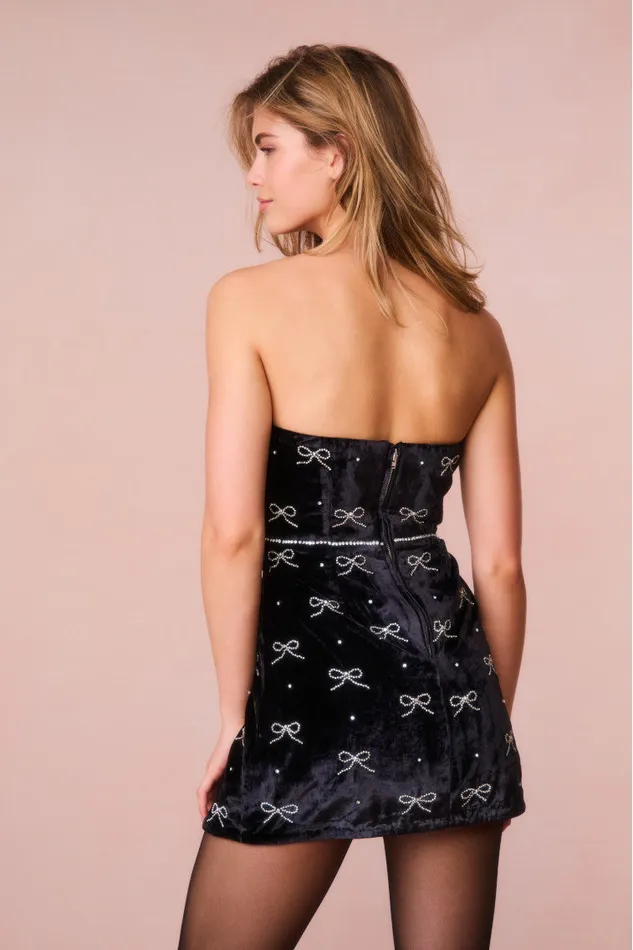 LoveShackFancy Rinwell Velvet Rhinestone Bow Dress Black Women Dresses
