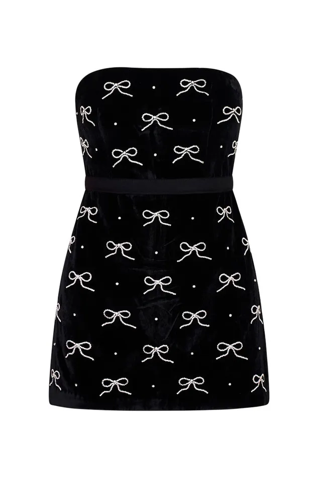 LoveShackFancy Rinwell Velvet Rhinestone Bow Dress Black Women Dresses