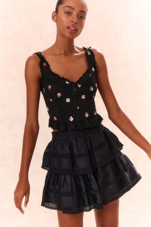 LoveShackFancy Ruffle Mini Tiered Skirt Black Women Skirts