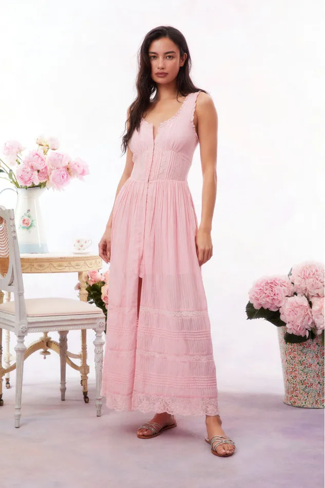 LoveShackFancy Santelle Cotton Maxi Dress Cherry Pink Women Dresses