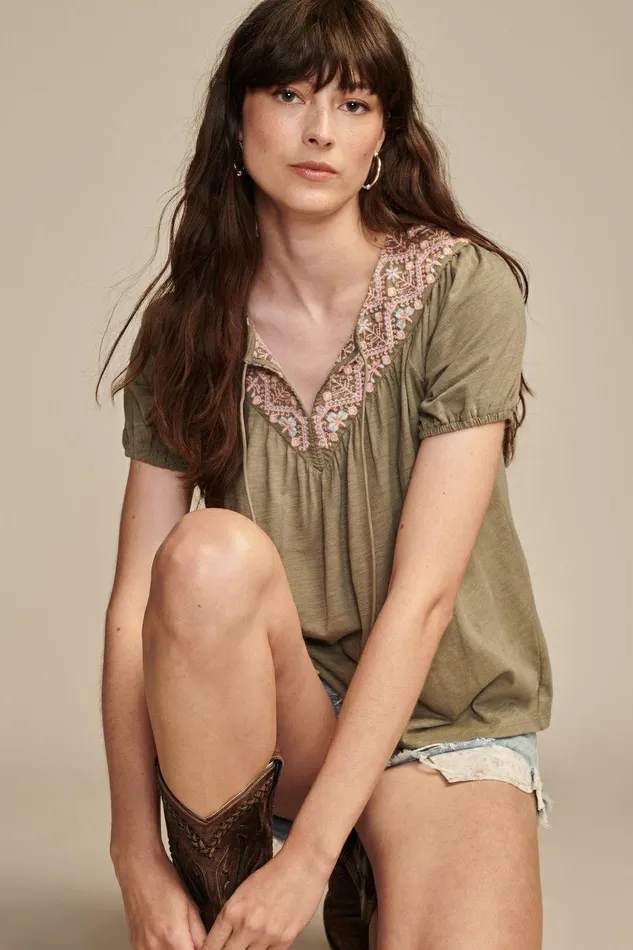 Lucky Brand All Tops Embroidered Peasant Top Dusty Olive 8211 Women