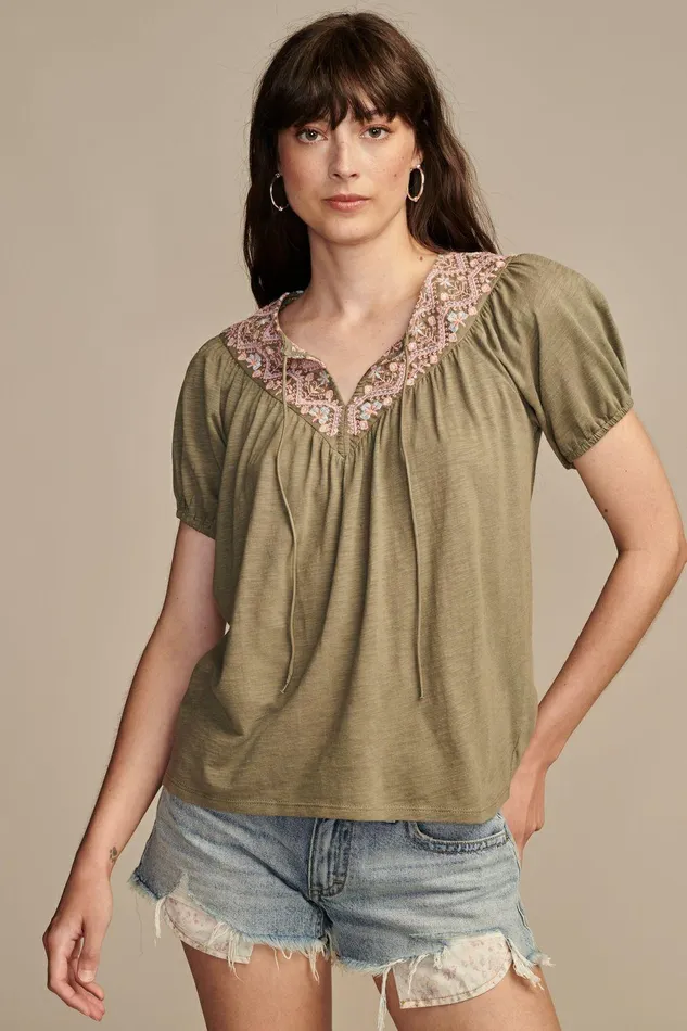 Lucky Brand All Tops Embroidered Peasant Top Dusty Olive 8211 Women