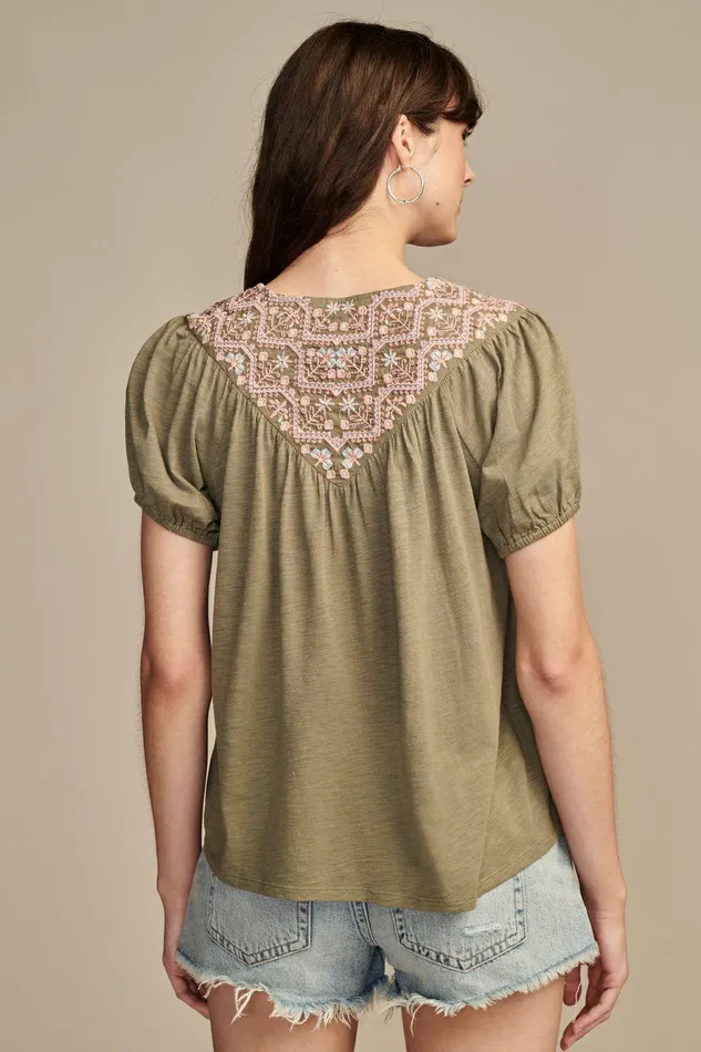 Lucky Brand All Tops Embroidered Peasant Top Dusty Olive 8211 Women