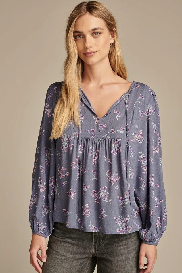 Lucky Brand All Tops Printed Volume Sleeve Peasant Top Blue Floral 8211 Women