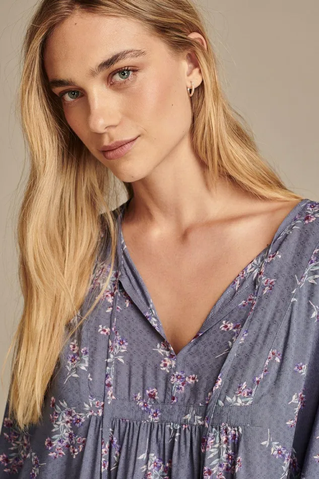 Lucky Brand All Tops Printed Volume Sleeve Peasant Top Blue Floral 8211 Women