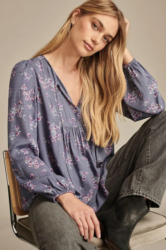 Lucky Brand All Tops Printed Volume Sleeve Peasant Top Blue Floral 8211 Women