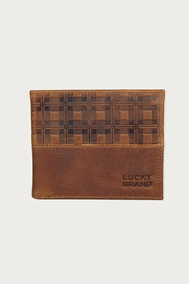 Lucky Brand Bags and Wallets Plaid Embossed Leather Bifold Wallet Dark Brown 8211 Men
