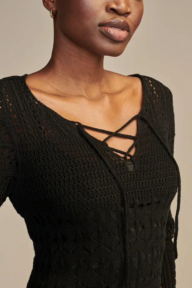 Lucky Brand Dresses Festival Long Sleeve Crochet Dress Dark Black 8211 Women