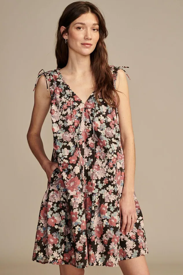 Lucky Brand Dresses Poplin Shoulder Cinched Mini Dress Raven Multi 8211 Women