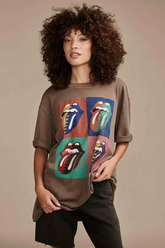 Lucky Brand Graphic Tees Rolling Stones Multi Color Icons Oversized Tee Chocolate Torte 8211 Women