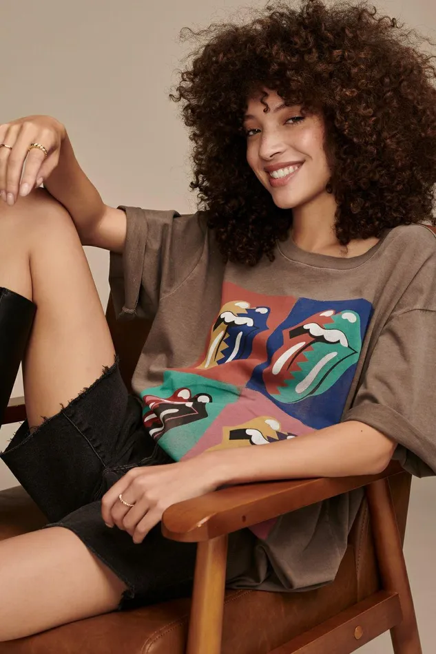 Lucky Brand Graphic Tees Rolling Stones Multi Color Icons Oversized Tee Chocolate Torte 8211 Women
