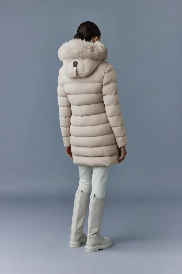 Mackage Downs and Jackets Women Calla Agile360 Stretch Light Down Coat With Blue Fox Fur Collar Trench