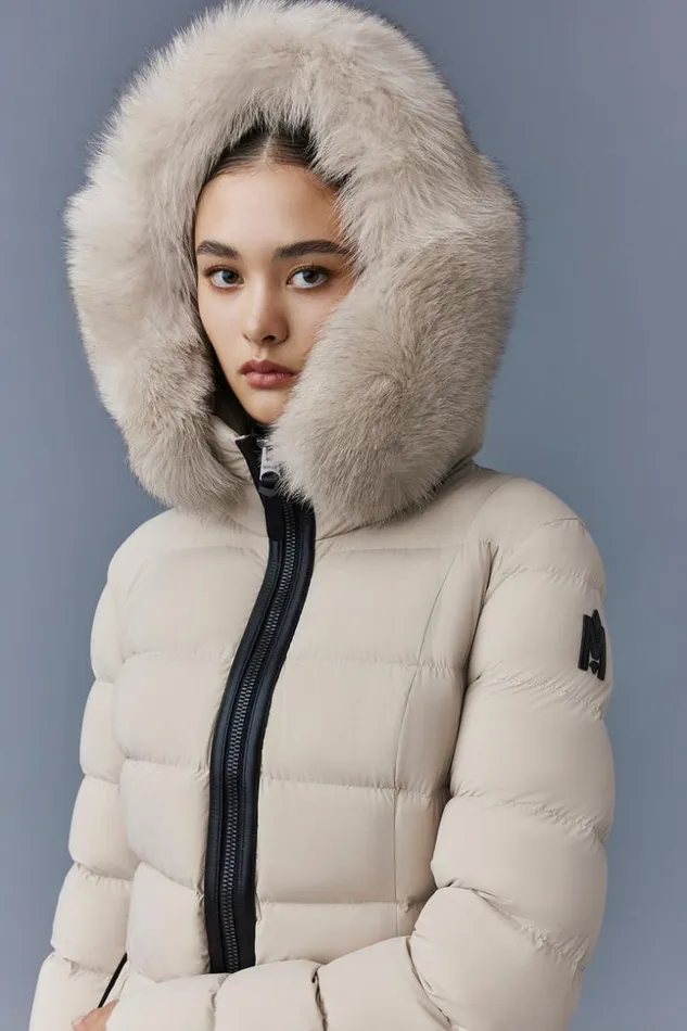 Mackage Downs and Jackets Women Calla Agile360 Stretch Light Down Coat With Blue Fox Fur Collar Trench