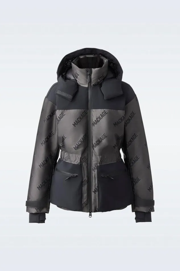 Mackage Downs and Jackets Women NixieJmg Stretch Down Ski Jacket With Jacquard Logo Pattern Carbon Mackage Downs and Jackets Women NixieJmg Stretch Down Ski Jacket With Jacquard Logo Pattern Carbon